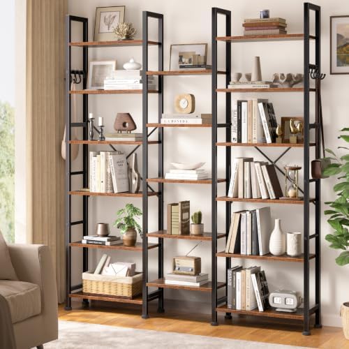 Furologee Triple Column 6 Tier Bookshelf, Large Bookcase with 17 Display Shelves, Wide Book Shelf with 6 Hooks, Adjustable Rustic Bookshelves Storage Organizer, Shelving Unit for Living Room, Office - Image 2