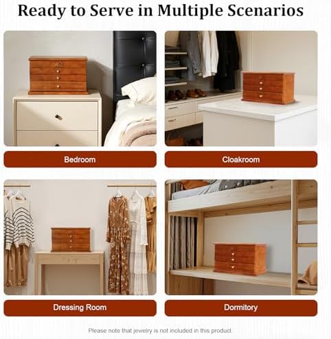 Large Wooden Jewelry Box with Mirror, 4 Layers Jewelry Organizer with 3 Drawers, Watches Necklace Ring Storage Box for Women - Image 7