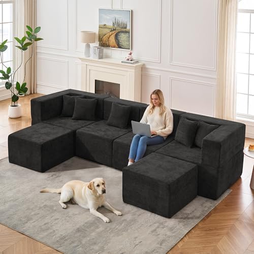 MONVANE 130'' Modular Sectional Cloud Couch for Living Room, 6 Seater Convertible Chenille Couches Set with Ottoman & Pillow, No Assembly Compression Sofas, Comfy Floor Sofa with Memory Foam, Black - Image 2