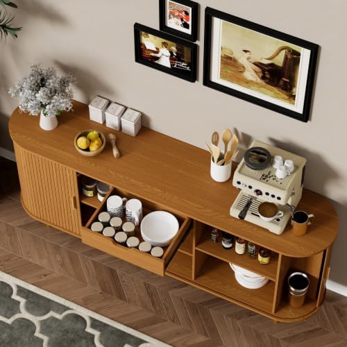 71" Sideboard Buffet Cabinet with Storage,Large Credenza with Sliding Doors and1 Drawer,Mid Century Modern Coffee Bar Cabinet with Adjustable Shelves for Dining Room,Kitchen,Living Room(Yellow Walnut) - Image 7