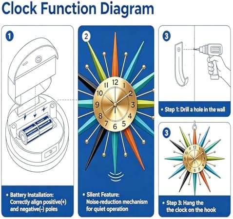 22 Inch Mid-Century Style Metal Crystal Wall Clock, Star-Shaped Silent Decorative Wall Clock, Suitable for Living Room,Bedroom,Dining Room,Porch,Office - Image 6