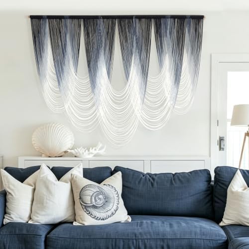 Macrame Wall Hanging Dip-Dyed Navy Blue Boho Wall Art Yarn 57" W*41" L - Image 2