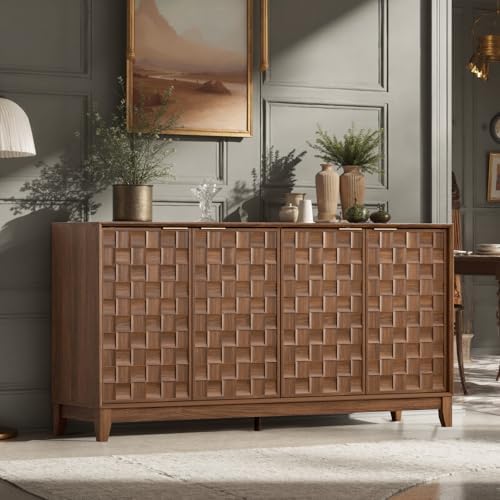 COLAMY Fluted Sideboard Cabinet with Storage, Solid Wood Buffet for Dining Room, Credenza Console with Adjustable Shelves, Walnut Finish, Mid Century Modern Style, Walnut - Image 3