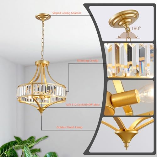 Gold Chandeliers for Dining Room Modern Round Crystal 4 Lights Rustic Pendant Lighting Fixture with Metal Lampshade for Living Room Hallway Bedroom Foyer - Image 5