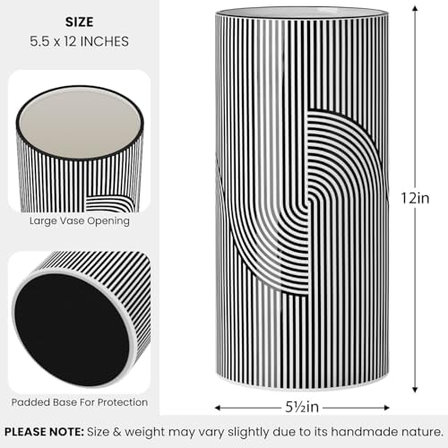 Torre & Tagus 12" Tall Black and White Ceramic Vase for Flowers - Big White Vase with Black Stripes, Gloss Finish & Large Opening for Flower Bouquets or Centerpiece (Monochrome Linear Curve) - Image 3