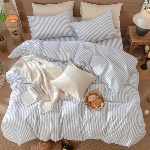 MooMee Striped Duvet Cover Set 100% Washed Cotton Linen Like Cal King - Image 5