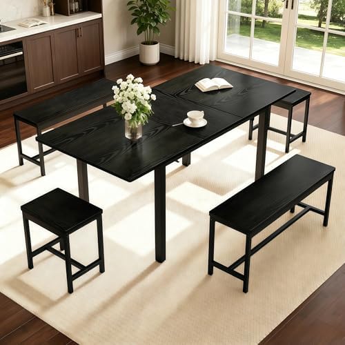 GarveeHome 5 PCs Dining Table Set for 6-8 People, 63 in Extendable Kitchen Table Set with 2 Benches and 2 Square Stools, Modern Dining Room Furniture Sets, Easy Assembly, Black by GarveeHome
