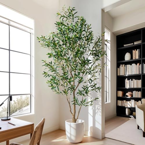 7FT Artificial Olive Tree with Realistic Leaves & Natural Trunk, Faux Silk Olive Plant in White Planter, Tall Fake Tree for Modern Home Office Living Room Entryway Corner Decor, Maintenance Free - Image 3