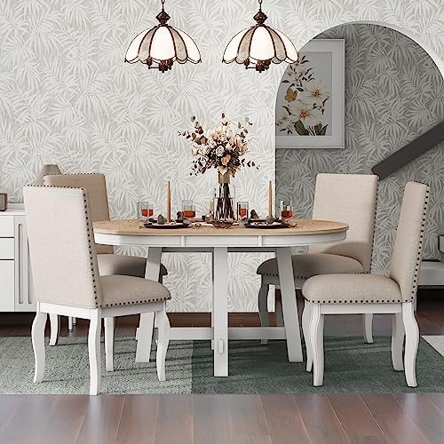 Harper & Bright Designs Kitchen Dining Table Set for 4, 5 Pcs Wooden Round Extendable Dining Table and 4 Upholstered Dining Chairs, Oak Natural Wood by HarperBrightDesigns