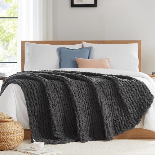 L'AGRATY Chunky Knit Throw Blanket for Couch, 80 x 90 Inches, Dark Grey by LAGRATY