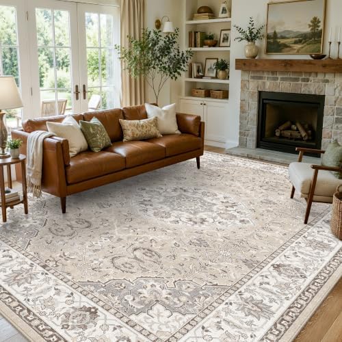 Area Rugs 10x12 Living Room Rug: Washable Rug Soft Vintage Boho Carpet Indoor Floor Non-Slip Stain Resistant Large Carpets for Bedroom Dining Room Farmhouse Nursery Home Office Beige(10x12，Beige) by HYHAOYUNLAI