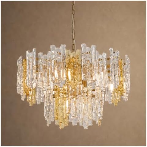 26" 7-Light Modern Art Ice Stick Crystal Chandelier, 2-Tier Round Gold Farmhouse Amber & Clear Glass Pendant Light Fixture, Perfect for Living Room, Dining Room, Entryways by MeiYDeng