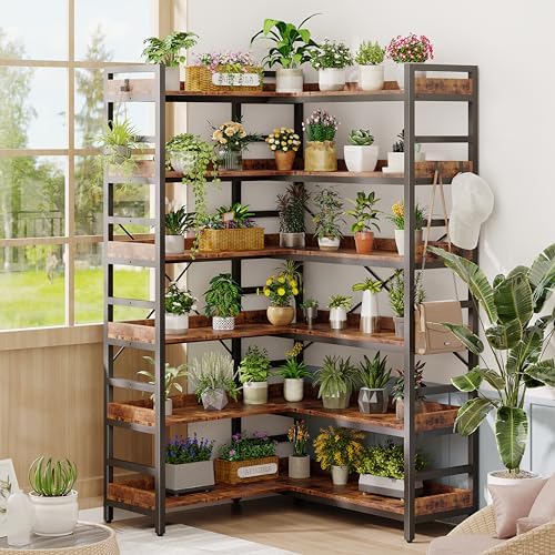 HCHQHS Adjustable Book Shelf with 8 Hooks, Reversible Corner Bookshelf, Industrial Wooden and Metal Bookcase for Living Room, Bedroom, Home Office (Rustic Brown, 6 Tier) - Image 7