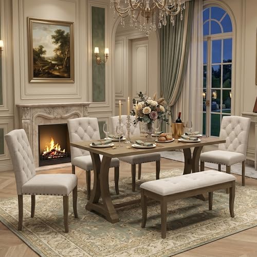 Mirightone Farmhouse Dining Table Set for 6, Dining Table with Bench and Chairs, 6 Piece Kitchen Table Set Solid Wood Dining Room Set with Trestle Table Legs (Natural Wood Wash) by Mirightone