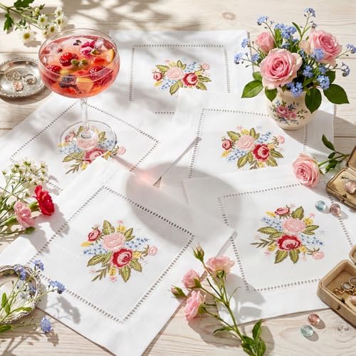 LemonRoad Embroidered White Linen Cocktail Napkin 6x6 Inch Floral Napkin Coasters Set of 12 Cloth Cocktail Washable Linen Hemstitch for Tea Party Cottagecore Bridal Shower Gift Wedding Decoration - Image 4