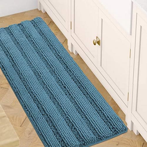 H.VERSAILTEX Bath Rugs for Bathroom Non Slip Bath Mats Extra Thick Chenille Striped Bath Rug Runners 47" x 17" Absorbent Fluffy Soft Shaggy Mats Plush Area Carpet for Bath Room - Turquoise Blue by HVERSAILTEX