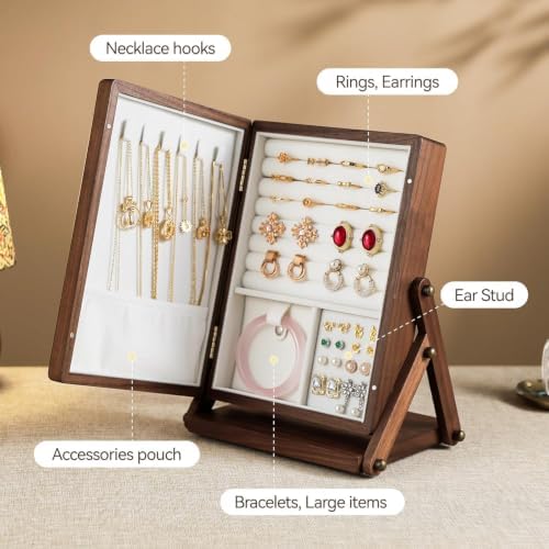 Black Walnut Wooden Jewelry Box, Organizer with Makeup Mirror for Women - Image 5
