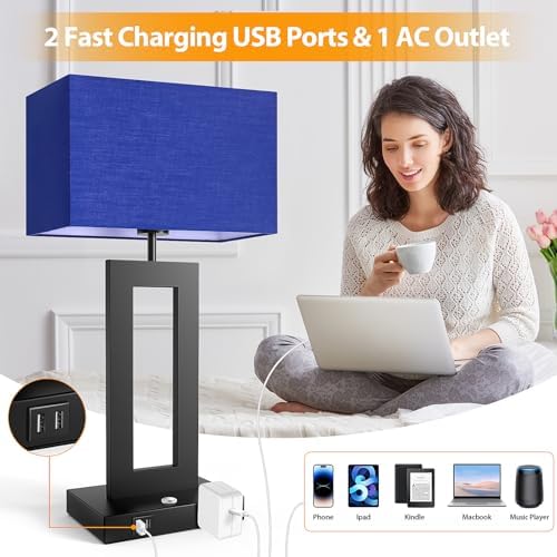 3 Color Temperatures Table Lamps for Bedrooms Set of 2, 22’’ Touch Control Bedside Nightstand Lamps with 2 USB Ports & AC Outlet, Stepless Dimmable Lamps with Blue Shade, Modern Decor for Living Room - Image 5