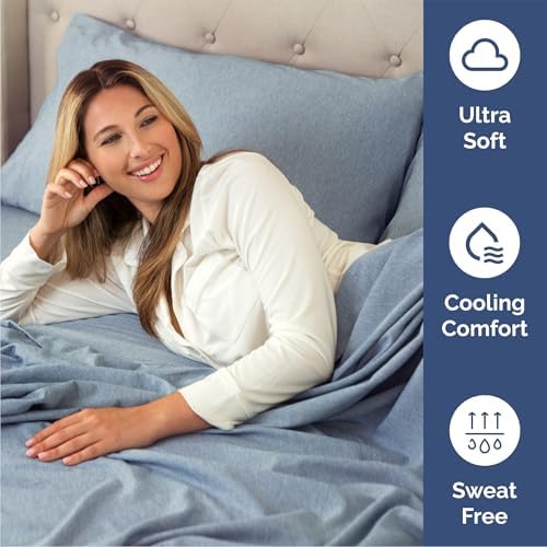 Queen Size 4 Piece Sheet Set - Breathable & Cooling Sheets - Heathered Blue - Image 4