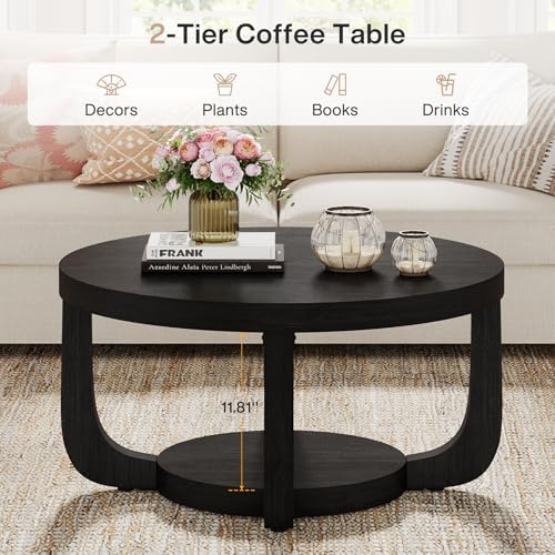 Tribesigns Round Coffee Table, 2-Tier Circle Coffee Table with Storage, Modern Wooden Accent Center Table for Living Room, Thick Tabletop & Base, Black - Image 4