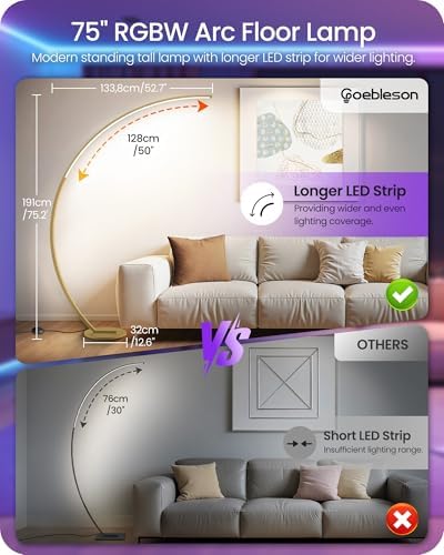 75" RGBW Gold Corner Lamp, Dimmable Arc Floor Lamp with Remote, Curved Lamp - Image 3
