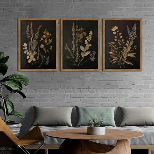 Framed Dark Botanical Wall Art Set of 3, Black Moody Floral Wall Decor Paintings, Dark Academia Decor, Vintage Flower Artwork Prints Pictures for Living Room Bedroom Bathroom 16x24 Inch - Image 2