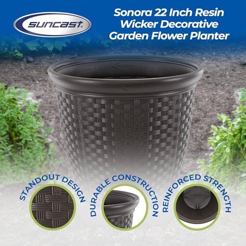 Suncast Sonora 4 Pack 22 Inch Plastic Wicker Indoor or Outdoor Decorative Garden Flower Planter for Entryways, Porch, and Backyard Patios, Dark Brown - Image 4