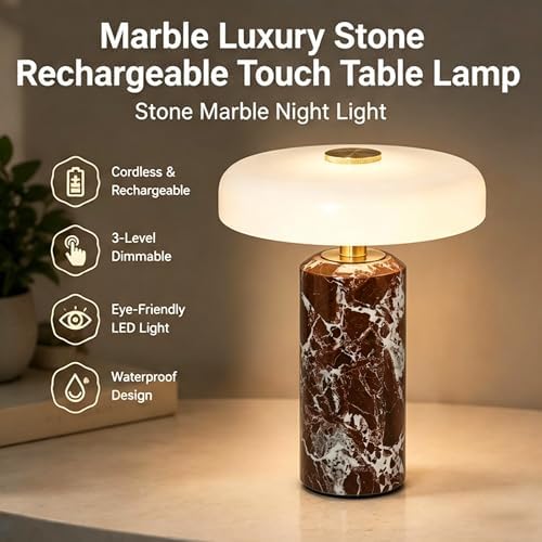 Marble Luxury Stone Rechargeable Touch Table Lamp, 3 Dimmable Cordless Design Bedside Lamp, Glass Lampshade, High-End and Light Luxury, for Console, Entryway, Foyer, Counter Purple - Image 4
