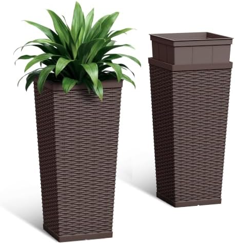 24 Inch Tall Plastic Planters (Set of 2) with Drainage Holes, Brown by Acurax