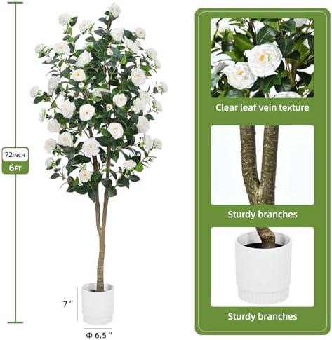 Artificial Camellia Tree 6FT– Faux Plants Indoor, with Easy Assembly, Low Maintenance, Ideal for Both Indoor Decoration and Other Purposes，Perfect Porch Christmas Trees (White 6ft) - Image 2