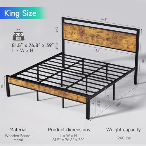 King Metal Bed Frame with Wooden Headboard and Footboard, Heavy Duty Platform Frame with Metal Slats, No Box Spring Needed, Quiet and Non-Slip Design, Space Saving Bed Frame for Bedroom, Vintage Brown - Image 2