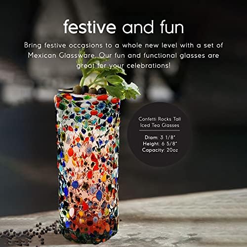 Confetti Rocks 20 oz Tall Iced Tea Glasses (set of 6) | Hand Blown Drinking Glasses, Multicolor Mexican Glassware Tumblers for Water, Juice, Margaritas & Cocktails | Lead-free, Toxin-Free - Image 2