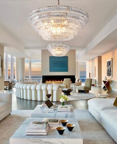 YIOSI Clear Glass 47 inch Round Chandelier for Dining Room, Modern Drum Pendant Light Fixture with Crystal Glass, Gold Large Ceiling Light Perfect for Living Room, Bedroom - Image 7