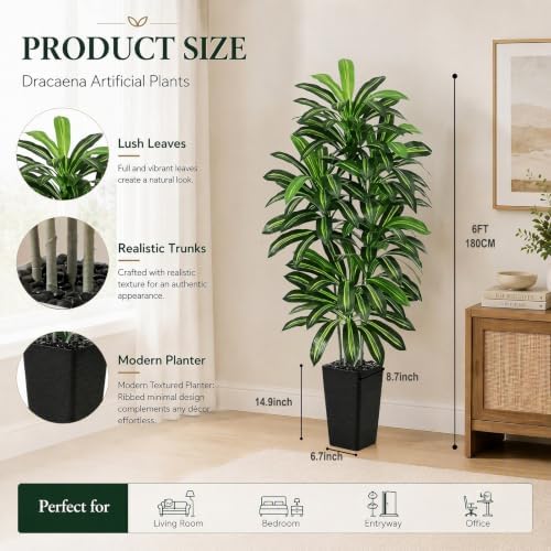 Artificial Dracaena Tree 6FT / Black Planter, Tall Plants Indoor - Image 4