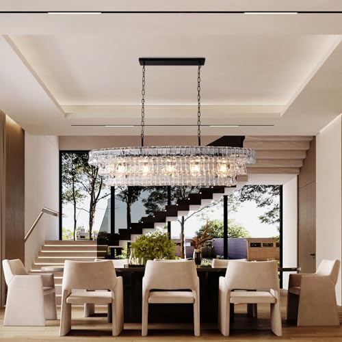 YIOSI 54 Inch Large Rectangular Black Chandelier for Dining Room, Clear Glass Drum Modern Pendant Light Fixture, Extra Long Kitchen Island Lighting - Image 5