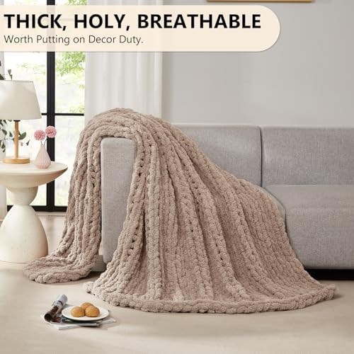L'AGRATY Chunky Knit Throw Blanket for Couch, 72 x 84 Inches, Light Taupe - Image 6