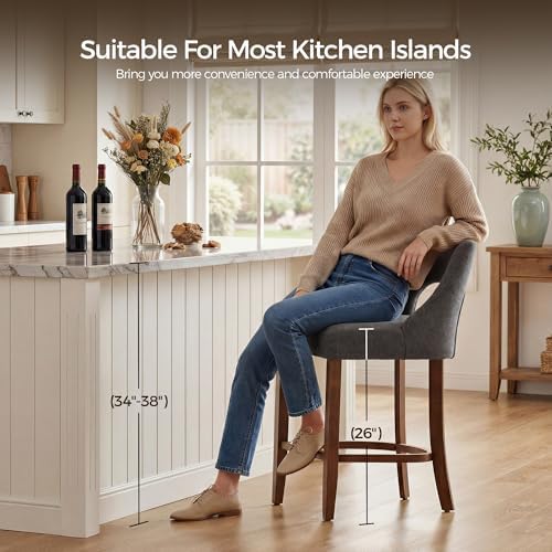UVV Bar Stools Set of 4, Upholstered Counter Height Bar Stools, Modern Counter Stools with Wood Legs for Kitchen Island Dining Room Bar, Dark Grey - Image 6