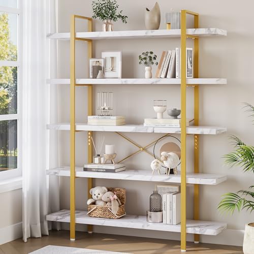 OtterOasis Heavy Duty 5-Tier Industrial Bookcase, 47" Wide Wood Bookshelf for Home Office, 120lbs Shelf Capacity, Shelving Display with Reinforced Horizontal Shelf for Living Room Bedroom,White by OtterOasis