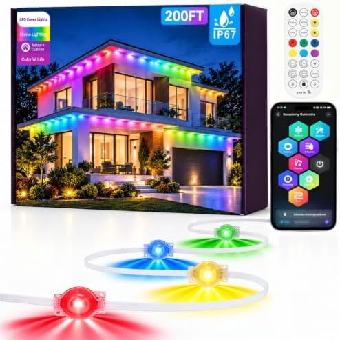 200Ft Permanent Outdoor Lights, RGB+IC Smart LED Eave Lighting with App/Remote Control,IP67 Waterproof,16 Million Colors,Scene Modes, DIY Music Sync, for Christmas, Holiday & Party Decor by Sxlofty