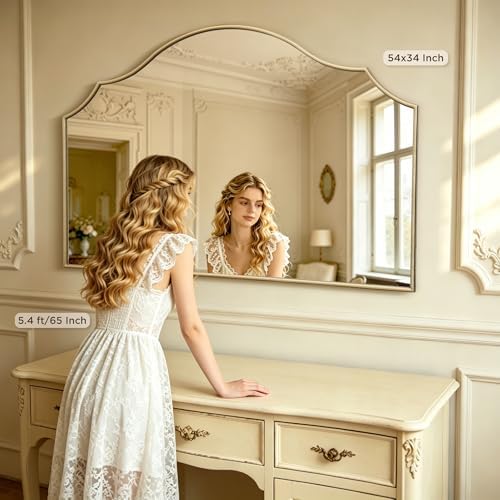 Besdomus Gold Scalloped Wall Mirror: 54"x34" Oversized Wooden Arched Mirror - Image 3