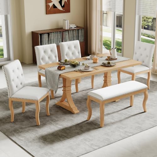 LUMISOL 6-Piece Dining Table Set with Bench, Farmhouse Kitchen Table Set with 4 Upholstered Button Tufted Chairs, Nailhead Trim & Curved Wood Legs, Natural by LUMISOL