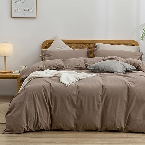 BESTOUCH Cotton Solid Duvet Cover Set Linen Feel Pine Bark Brown Full by BESTOUCH