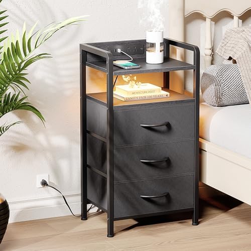 Lazzanto Nightstand with Rear Charging Station, LED Light, 3 Drawers, Black - Image 2