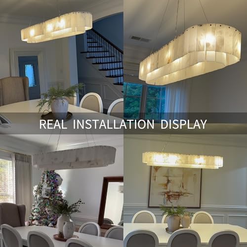 L54in Alabaster Chandelier for Dining Room, Rectangular Modern Chandelier, Spanish Natural Marble Chandeliers, 2-Tiers Pendant Lights Kitchen Island, Chandelier for Living Room, For Foyer, Entryway - Image 4