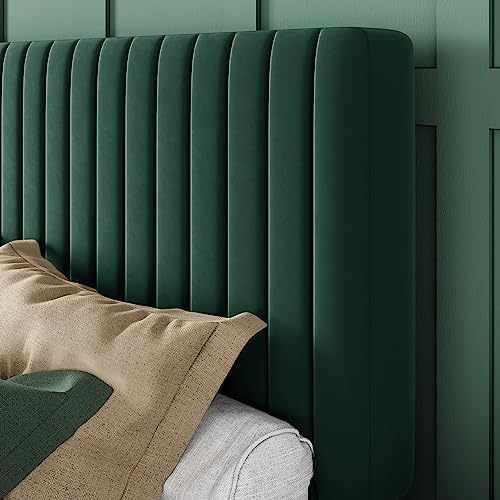 Allewie King Bed Frame, Velvet Upholstered Platform Bed with Adjustable Vertical Channel Tufted Headboard, Mattress Foundation with Strong Wooden Slats, Box Spring Optional, Easy Assembly, Green - Image 4