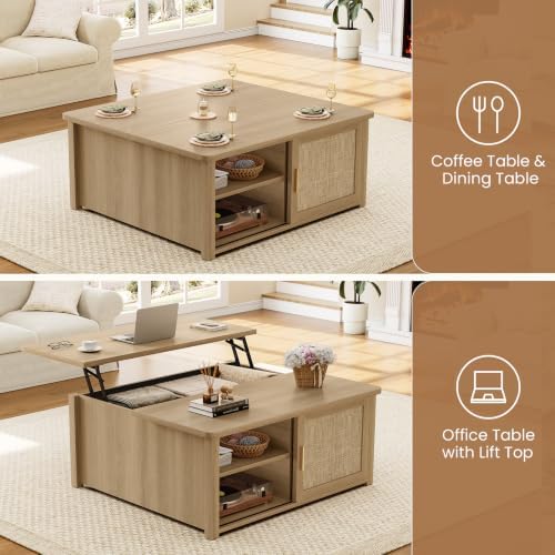 SEDETA 31.5" Lift Top Coffee Table with Storage, Square Coffee Tables for Living Room, Farmhouse Coffee Table with Large Hidden Storage Compartment and Adjustable Shelves, Rattan Oak - Image 4