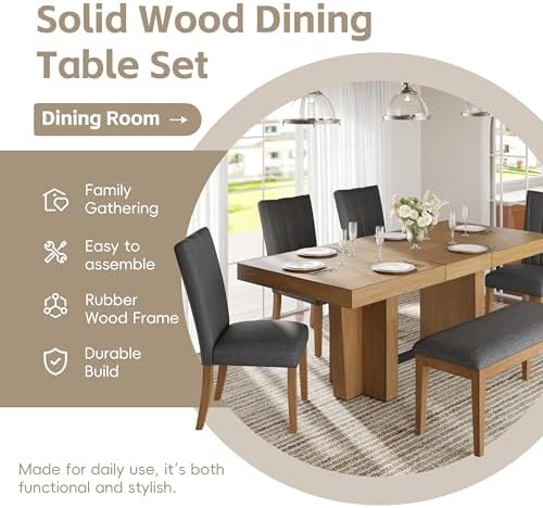 6-Piece Farmhouse Functional Dining Set, Rubber Wood Extendable Dining Table with 4 Upholstered Chairs& Bench, Thick Tabletop and Trestle Legs, Rectangular Dining Room Table Set for 6 (Gray-7.2) - Image 7