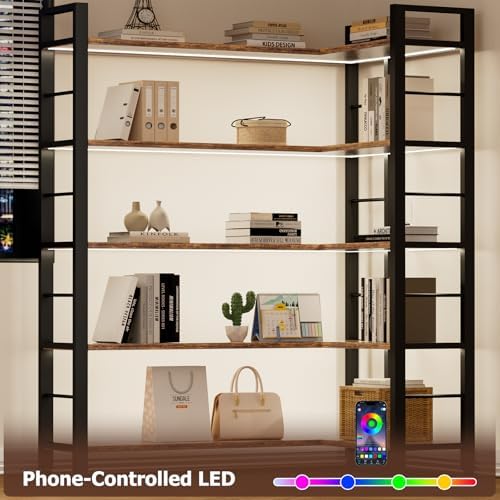 INNOD 65" X 50" Straight Wide 5 Tier Bookshelf with LED Light, L Shaped Bookcase with Adjustable Feet, Corner Book Case with 10 Open Shelves, Shelf Unit Display Shelf for Living Room, Home Office - Image 4