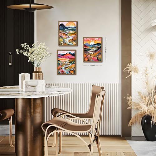 Wood Frame Boho Colorful Wall Art, Set of 3 Abstract Watercolor Mountain Landscape Wall Decor Paintings, Modern Flower Aesthetic Posters Prints for Living Room Bathroom Bedroom 16x24In Framed - Image 3
