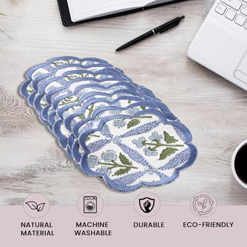 Ridhi 8-Pcs 100% Cotton Hand Block Print Drink Coasters 5" in Steel Blue - Image 4